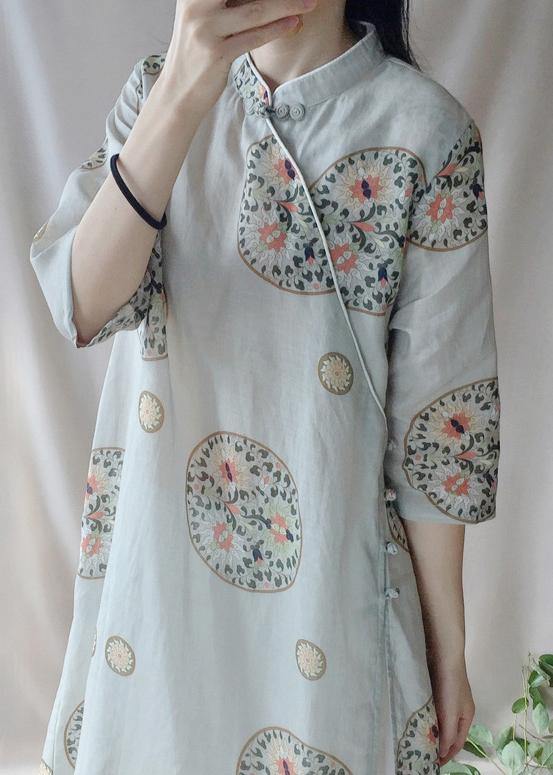 Loose Auspicious Clouds Dress Stand Collar Falf Sleeve Dress - SooLinen