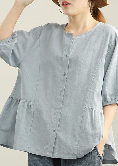 Loose Baby blue Button Linen Top Summer - SooLinen
