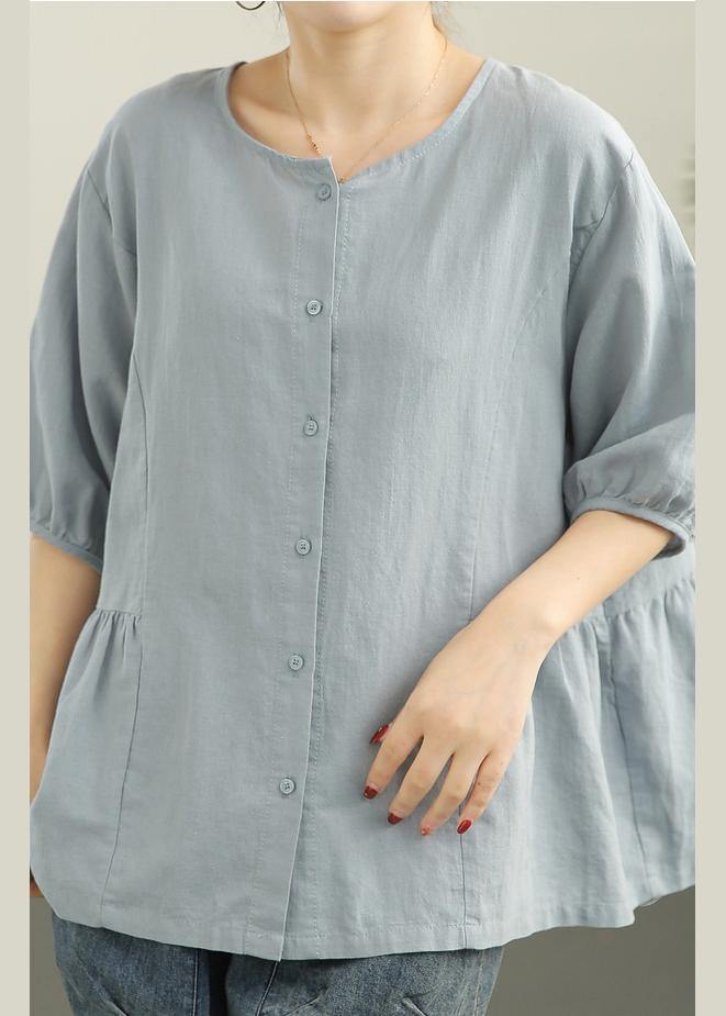 Loose Baby blue Button Linen Top Summer - SooLinen