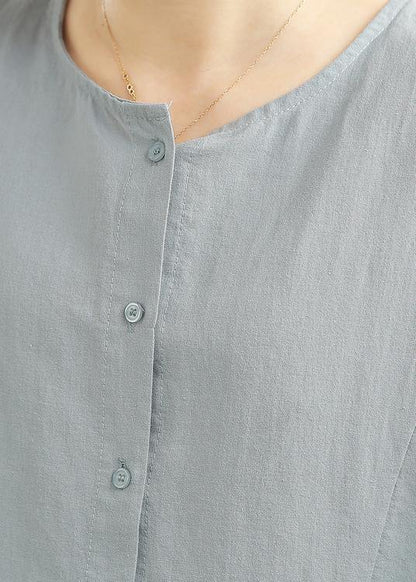 Loose Baby blue Button Linen Top Summer - SooLinen