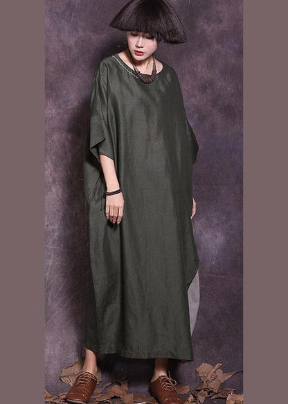 Loose Batwing Sleeve cotton Tunics Wardrobes blackish green loose Dresses summer - SooLinen