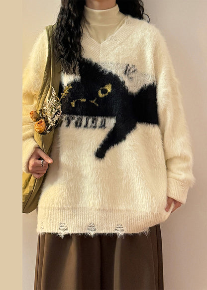 Loose Beige Hole Cats Cozy Mink Hair Knitted Sweater Spring