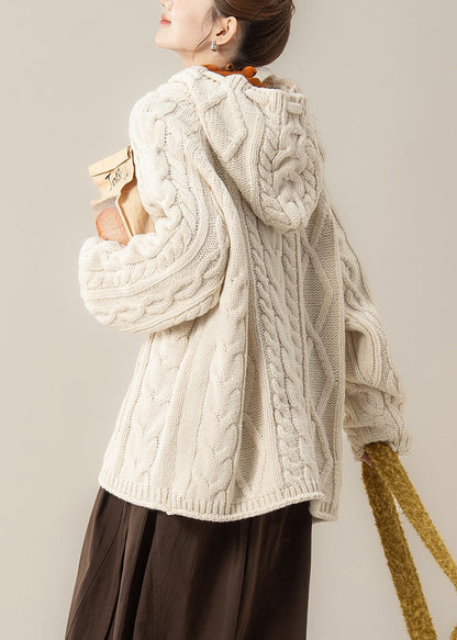 Loose Beige Hooded Cozy Cable Knit Sweater Tops Spring