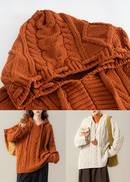 Loose Beige Hooded Cozy Cable Knit Sweater Tops Spring