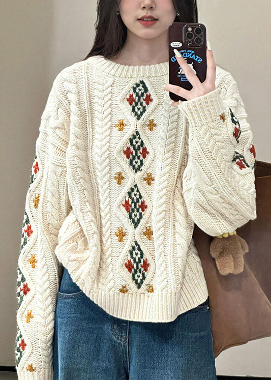 Loose Beige O Neck Plaid Cable Knitted Cotton Sweater Spring