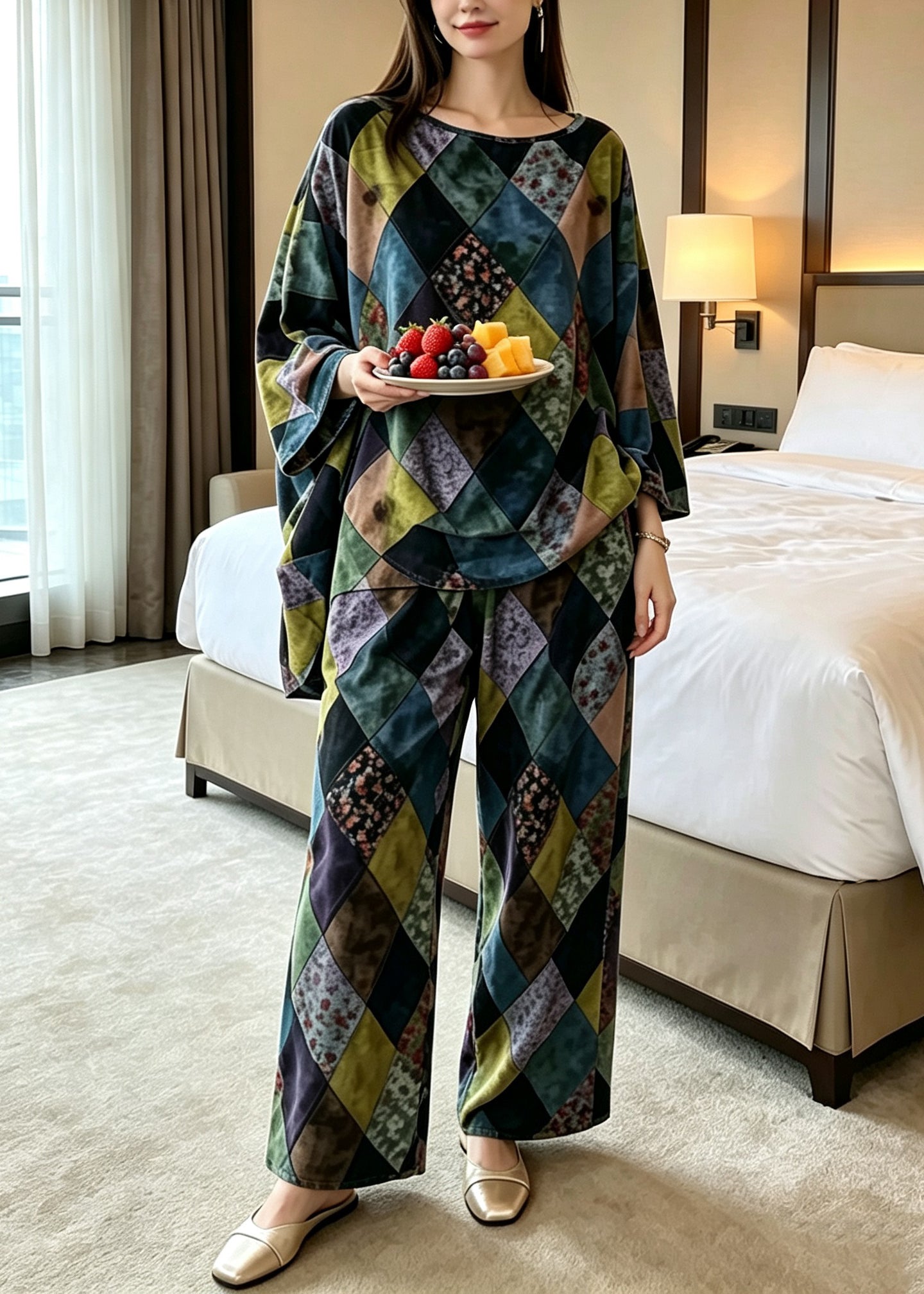 Loose Beige O-Neck Print Pajamas Two Pieces Set Batwing Sleeve