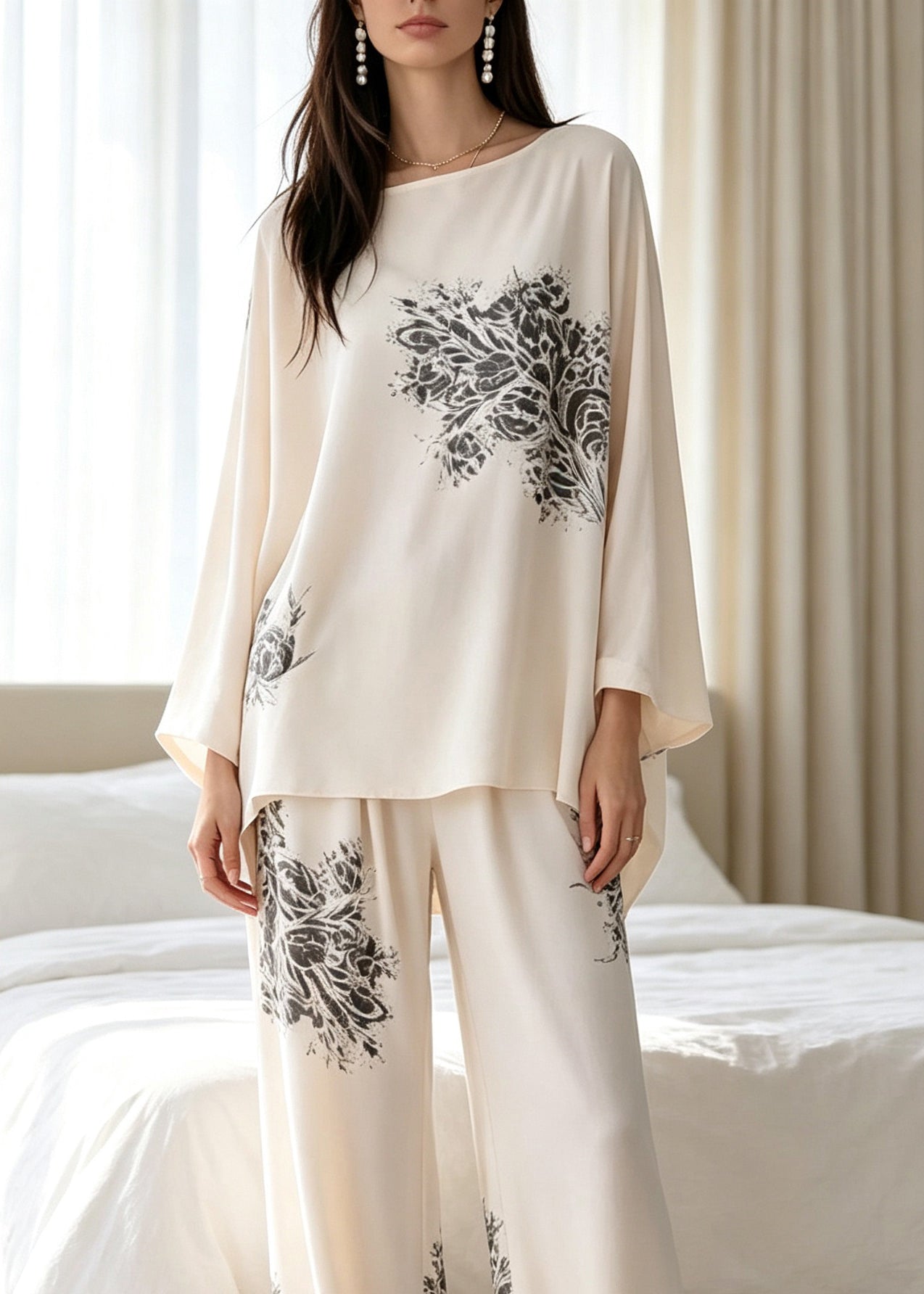Loose Beige O-Neck Print Pajamas Two Pieces Set Batwing Sleeve