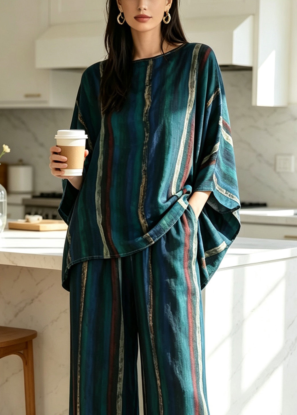 Loose Beige O-Neck Print Pajamas Two Pieces Set Batwing Sleeve