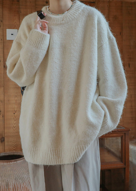 Loose Beige O Neck Solid Knit Men Sweater Winter