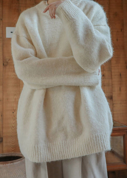 Loose Beige O Neck Solid Knit Men Sweater Winter