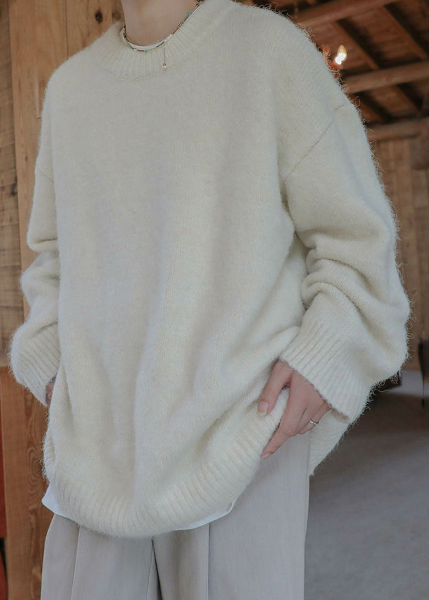 Loose Beige O Neck Solid Knit Men Sweater Winter