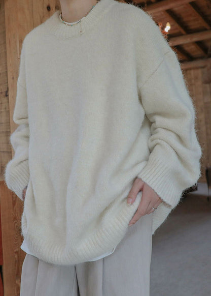 Loose Beige O Neck Solid Knit Men Sweater Winter
