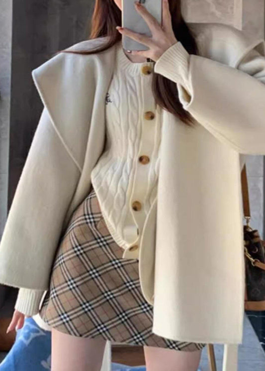 Loose Beige Patchwork Woolen Hoodies Coats Fall
