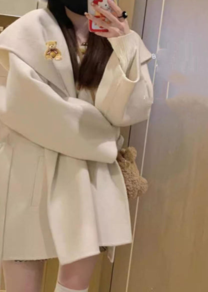 Loose Beige Patchwork Woolen Hoodies Coats Fall