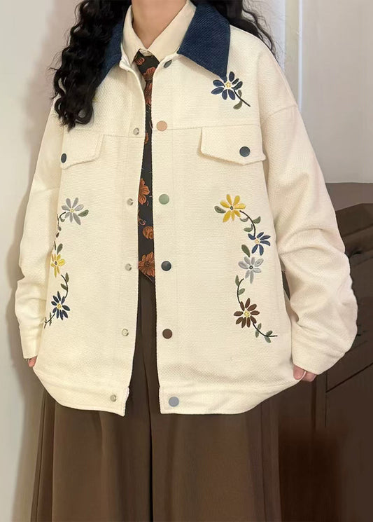 Loose Beige Peter Pan Collar Embroidered Cotton Coats Spring