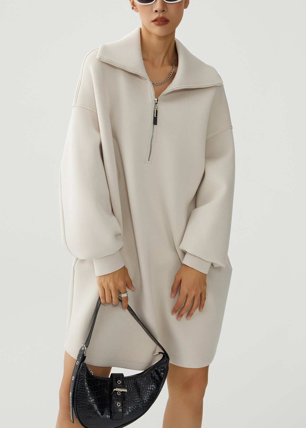 Vestido holgado de forro polar beige con cuello Peter Pan y cremallera para invierno