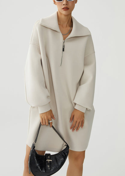 Vestido holgado de forro polar beige con cuello Peter Pan y cremallera para invierno
