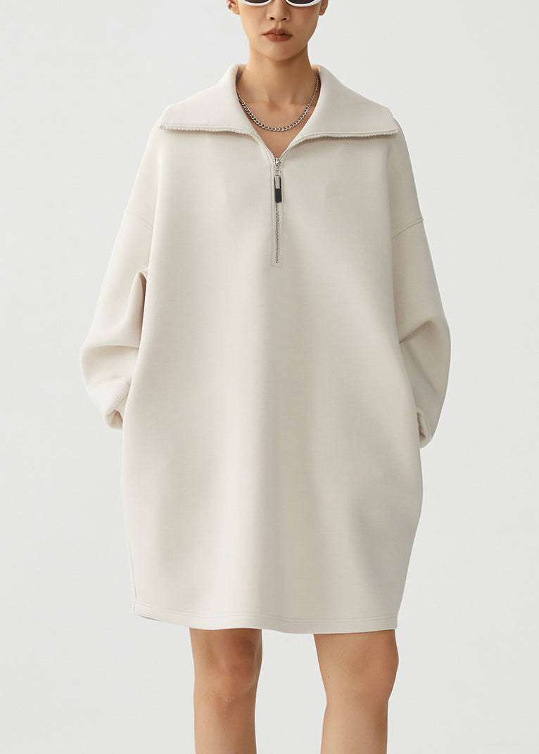 Vestido holgado de forro polar beige con cuello Peter Pan y cremallera para invierno