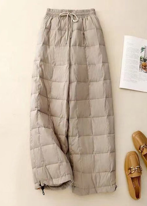 Pantalones holgados de algodón fino con cintura elástica y cordón a cuadros beige para invierno
