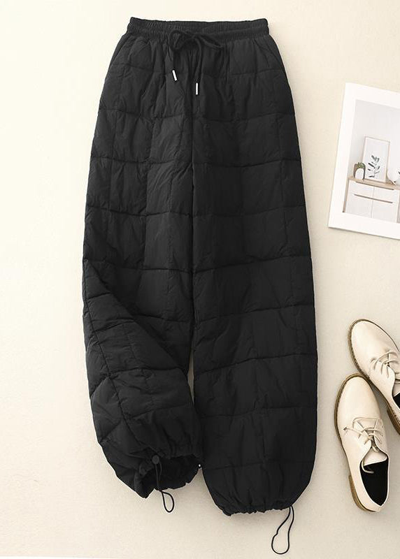 Lockere beige karierte Winterhose mit Kordelzug, elastischem Bund und feiner Baumwollfüllung