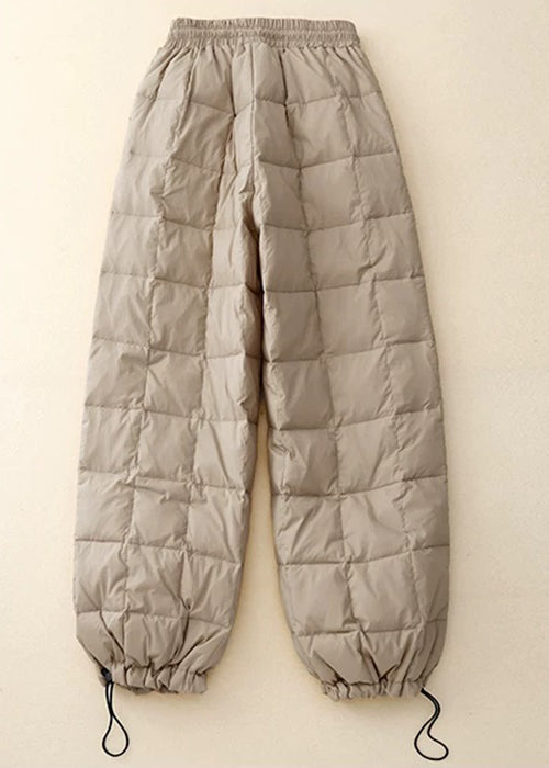 Lockere beige karierte Winterhose mit Kordelzug, elastischem Bund und feiner Baumwollfüllung