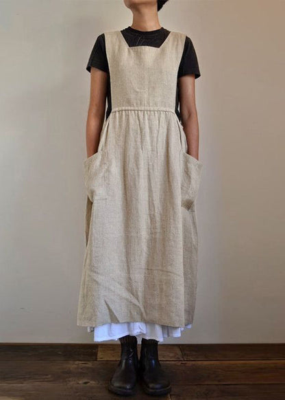 Lose beige Taschen High Waist Leinenkleid Ärmellos