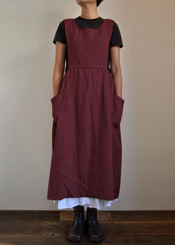 Lose beige Taschen High Waist Leinenkleid Ärmellos