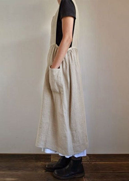 Lose beige Taschen High Waist Leinenkleid Ärmellos