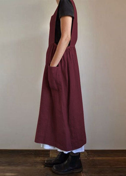 Lose beige Taschen High Waist Leinenkleid Ärmellos