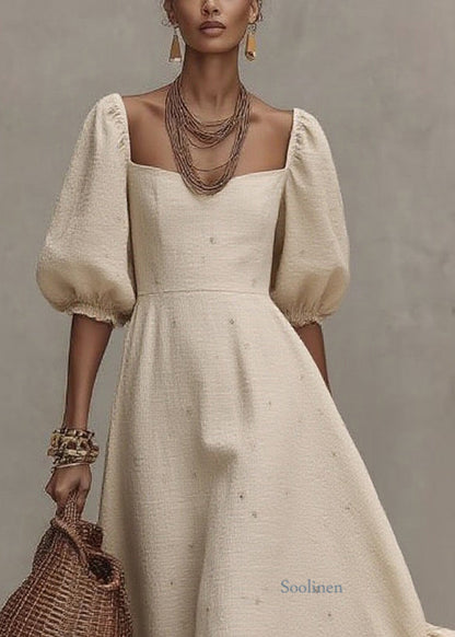 Loose Beige Square Collar Print Solid Long Dress Short Sleeve