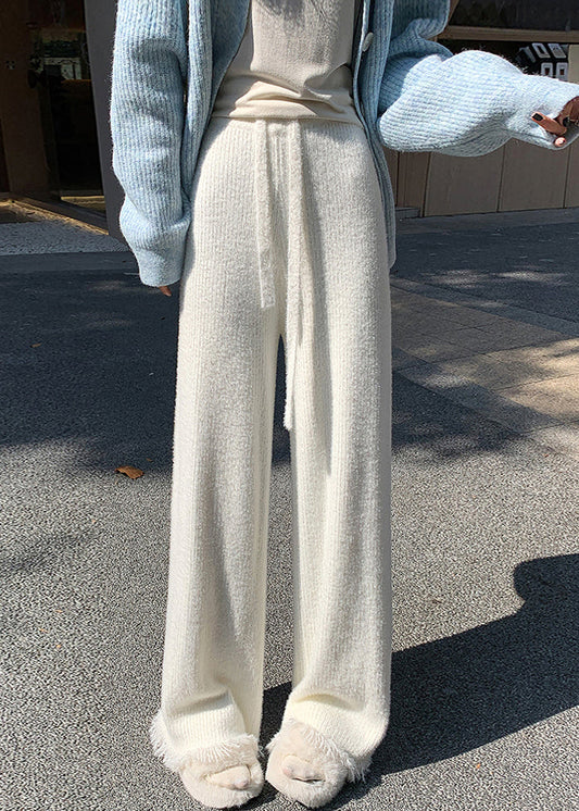 Loose Beige Tasseled Elastic Waist Mink Hair Knitted Flared Trousers Spring