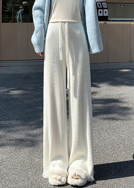 Loose Beige Tasseled Elastic Waist Mink Hair Knitted Flared Trousers Spring