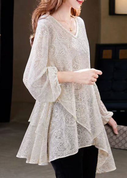 Loose Beige V Neck Asymmetrical Lace Blouses Fall