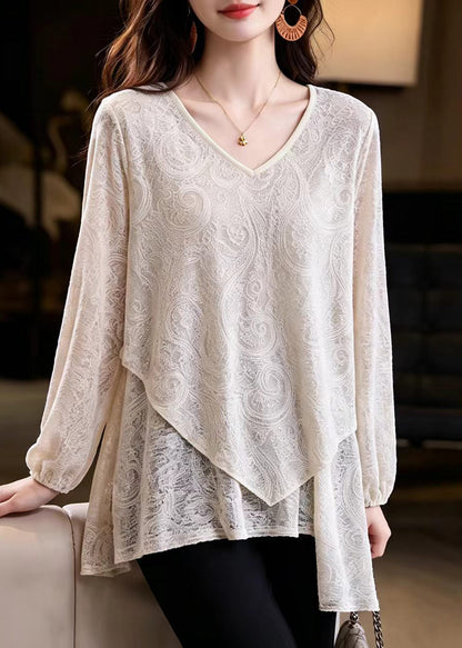Loose Beige V Neck Asymmetrical Lace Blouses Fall