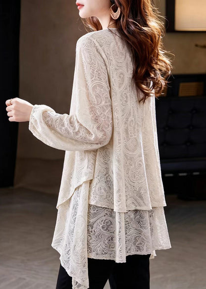 Loose Beige V Neck Asymmetrical Lace Blouses Fall