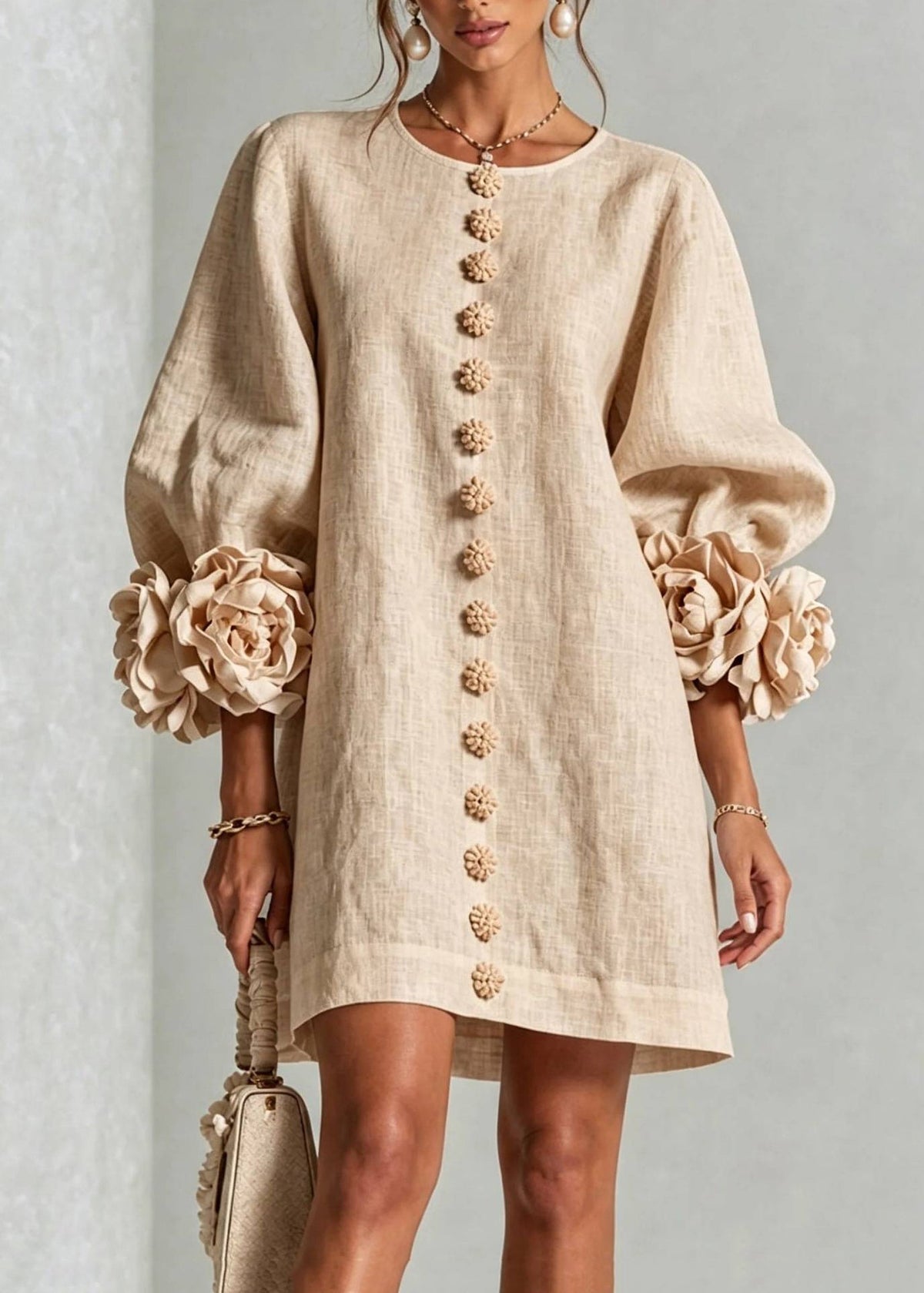 Loose Beige White O-Neck Stereoscopic Floral Dress Lantern Sleeve