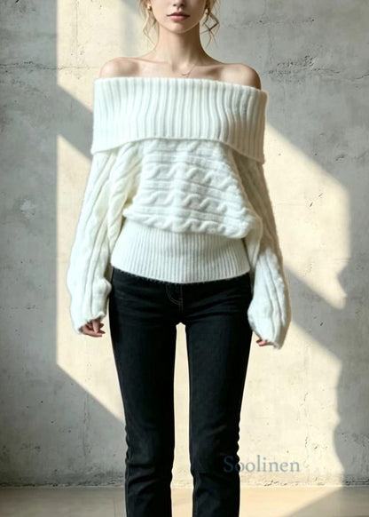 Loose Beige White Slash Neck Knitted Tops Fall