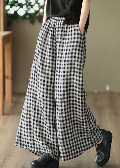 Pantalones de lino holgados con bolsillos grandes a cuadros y cintura elástica con patchwork para verano