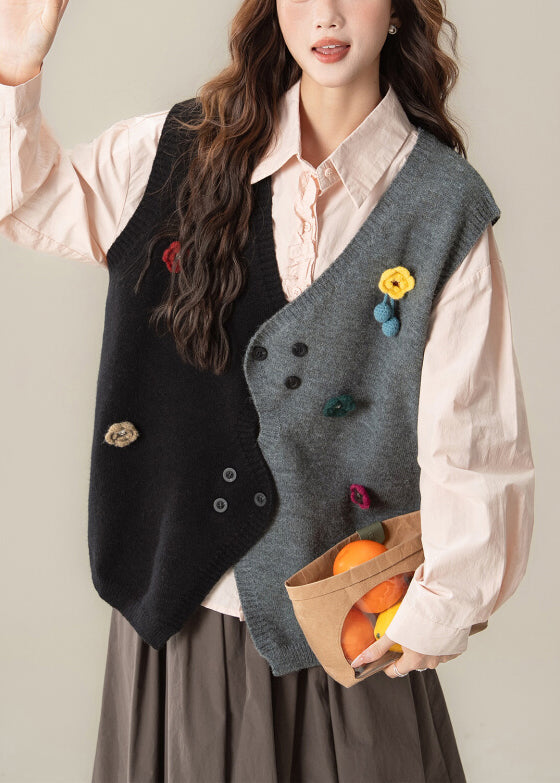 Ärmelloses, locker sitzendes, schwarzes Stricktop mit asymmetrischem Blumenmuster und Patchwork-Design