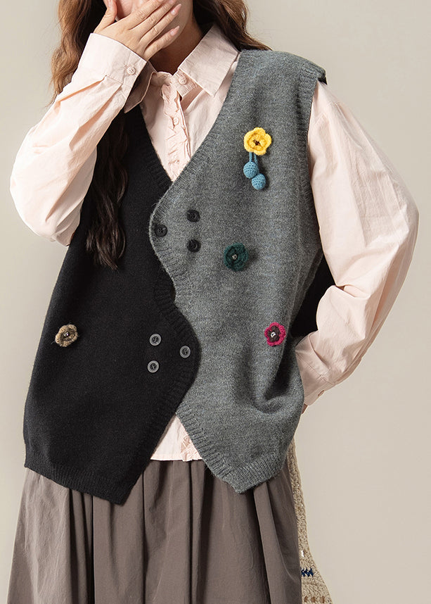 Ärmelloses, locker sitzendes, schwarzes Stricktop mit asymmetrischem Blumenmuster und Patchwork-Design