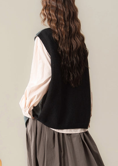 Ärmelloses, locker sitzendes, schwarzes Stricktop mit asymmetrischem Blumenmuster und Patchwork-Design