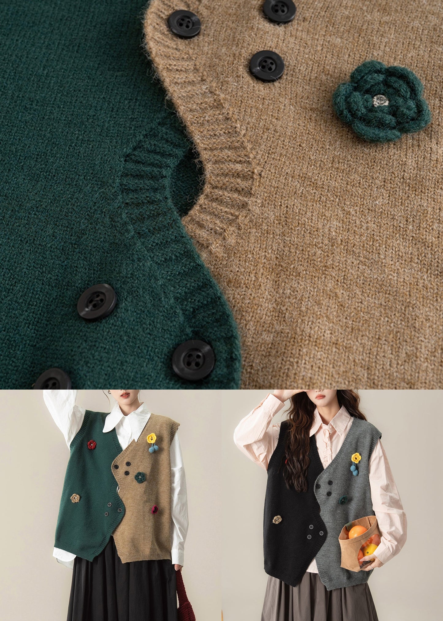 Ärmelloses, locker sitzendes, schwarzes Stricktop mit asymmetrischem Blumenmuster und Patchwork-Design