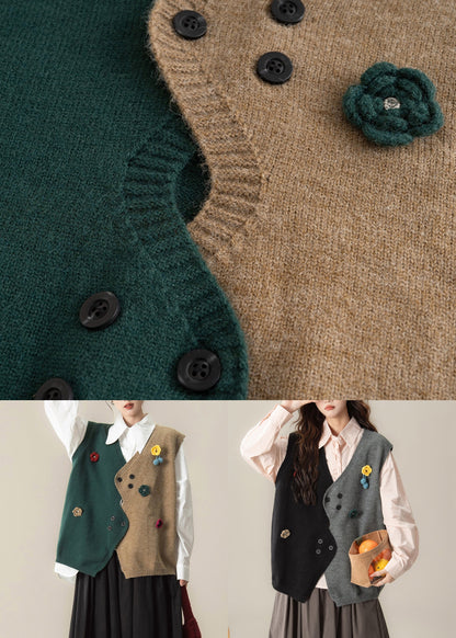 Ärmelloses, locker sitzendes, schwarzes Stricktop mit asymmetrischem Blumenmuster und Patchwork-Design