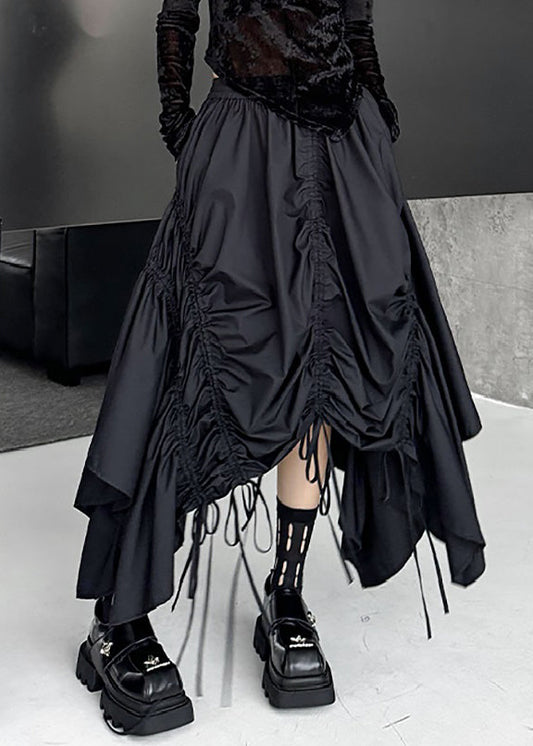 Loose Black Asymmetrical Lace Up Elastic Waist Cotton Skirt Fall