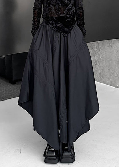 Loose Black Asymmetrical Lace Up Elastic Waist Cotton Skirt Fall