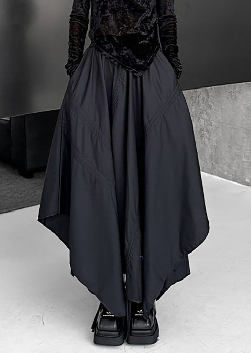 Loose Black Asymmetrical Lace Up Elastic Waist Cotton Skirt Fall