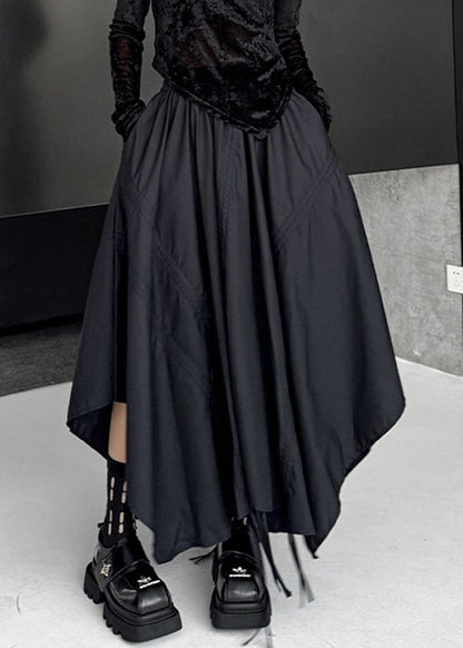Loose Black Asymmetrical Lace Up Elastic Waist Cotton Skirt Fall