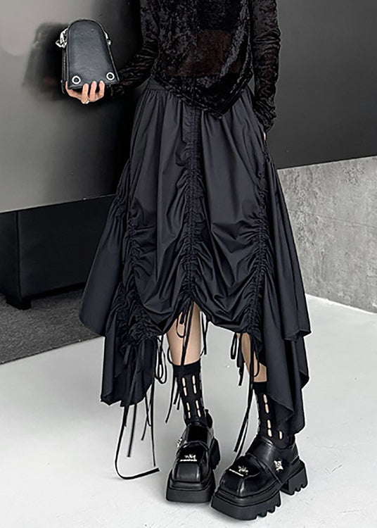 Loose Black Asymmetrical Lace Up Elastic Waist Cotton Skirt Fall