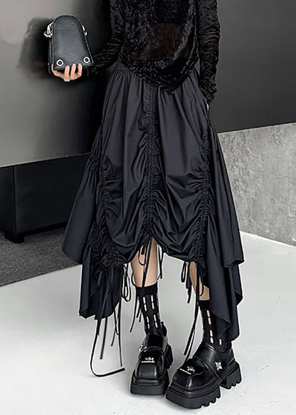 Loose Black Asymmetrical Lace Up Elastic Waist Cotton Skirt Fall