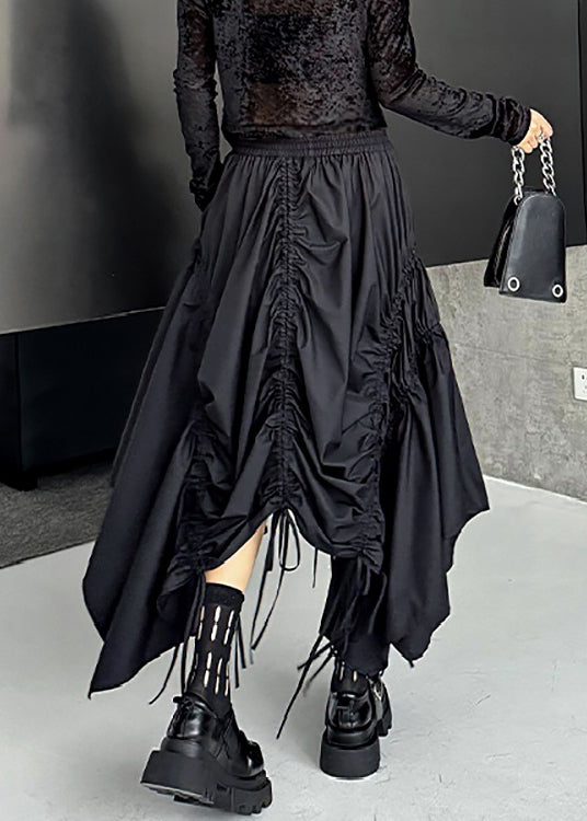 Loose Black Asymmetrical Lace Up Elastic Waist Cotton Skirt Fall